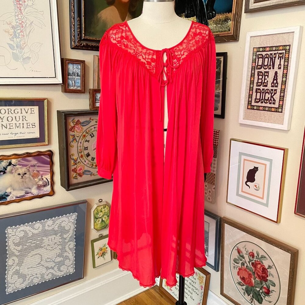 80s Vintage Miss Elaine Red Lace Trim Long Sleeve Nylon Robe Size L Made in USA